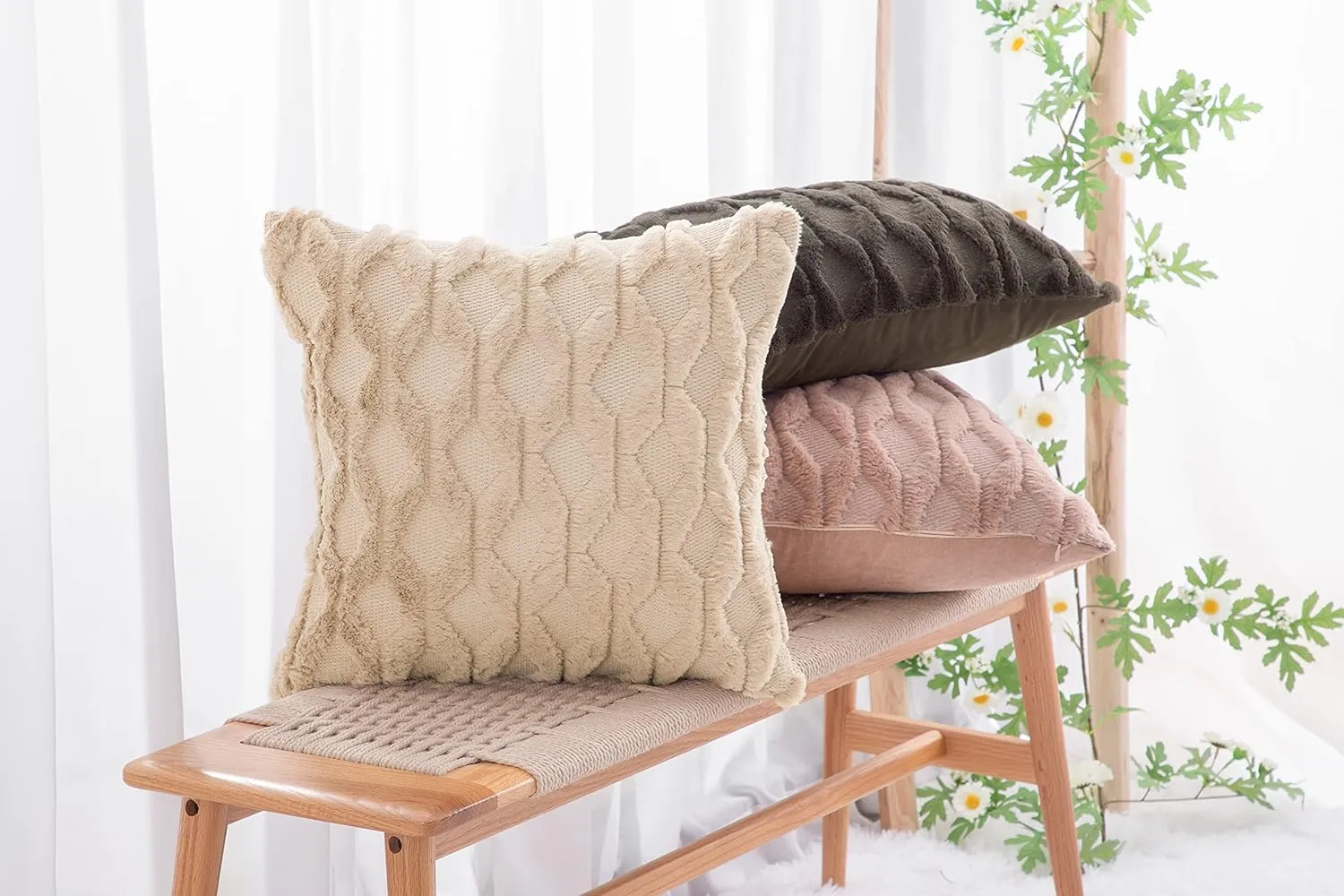 MADIZZ Set of 2 Soft Plush Short Wool Velvet Decorative Throw Pillow Covers 20x20 inch Light Brown Square Luxury Style Cushion Cases Pillow Shell for Sofa Bedroom