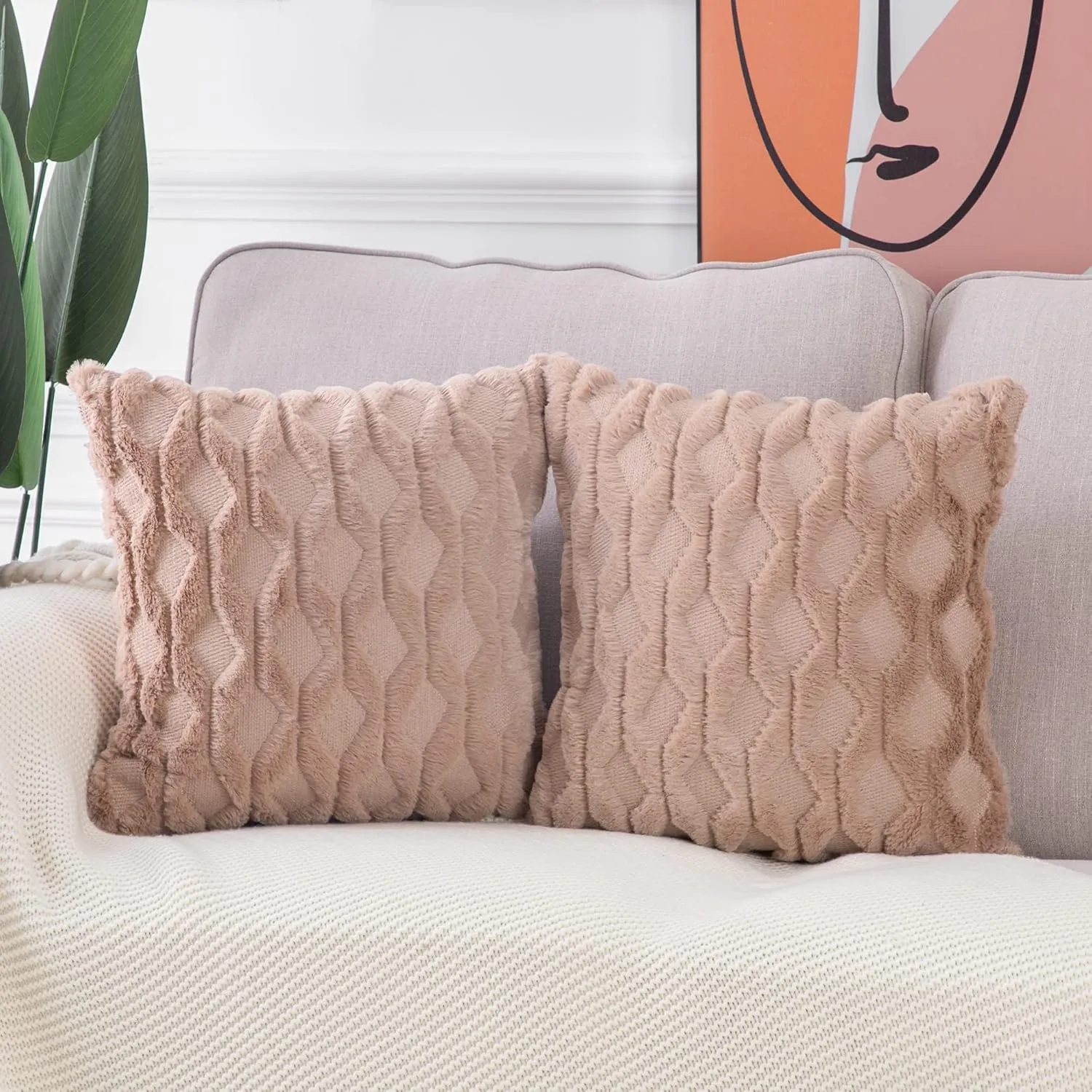 MADIZZ Set of 2 Soft Plush Short Wool Velvet Decorative Throw Pillow Covers 20x20 inch Light Brown Square Luxury Style Cushion Cases Pillow Shell for Sofa Bedroom
