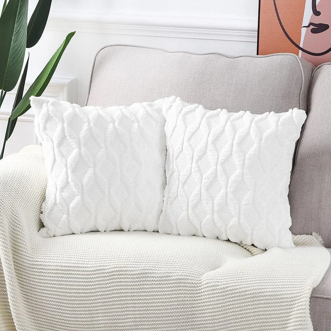 MADIZZ Set of 2 Soft Plush Short Wool Velvet Decorative Throw Pillow Covers 20x20 inch White Square Luxury Style Cushion Cases Pillow Shell for Sofa Bedroom