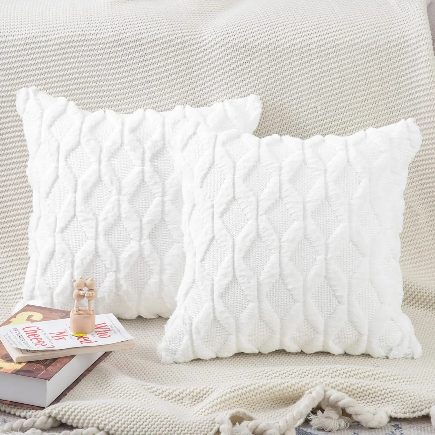 MADIZZ Set of 2 Soft Plush Short Wool Velvet Decorative Throw Pillow Covers 20x20 inch White Square Luxury Style Cushion Cases Pillow Shell for Sofa Bedroom