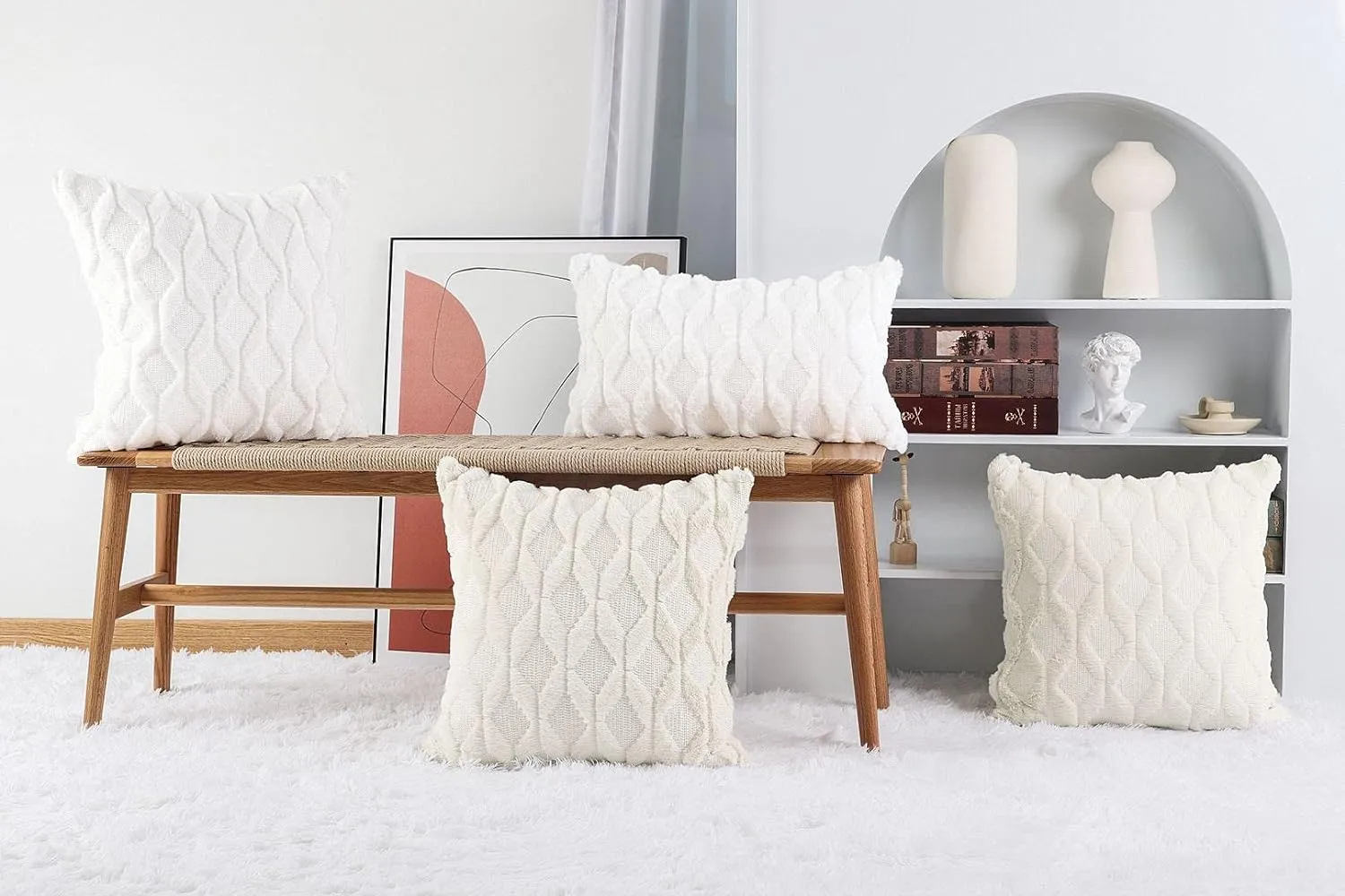 MADIZZ Set of 2 Soft Plush Short Wool Velvet Decorative Throw Pillow Covers 20x20 inch White Square Luxury Style Cushion Cases Pillow Shell for Sofa Bedroom