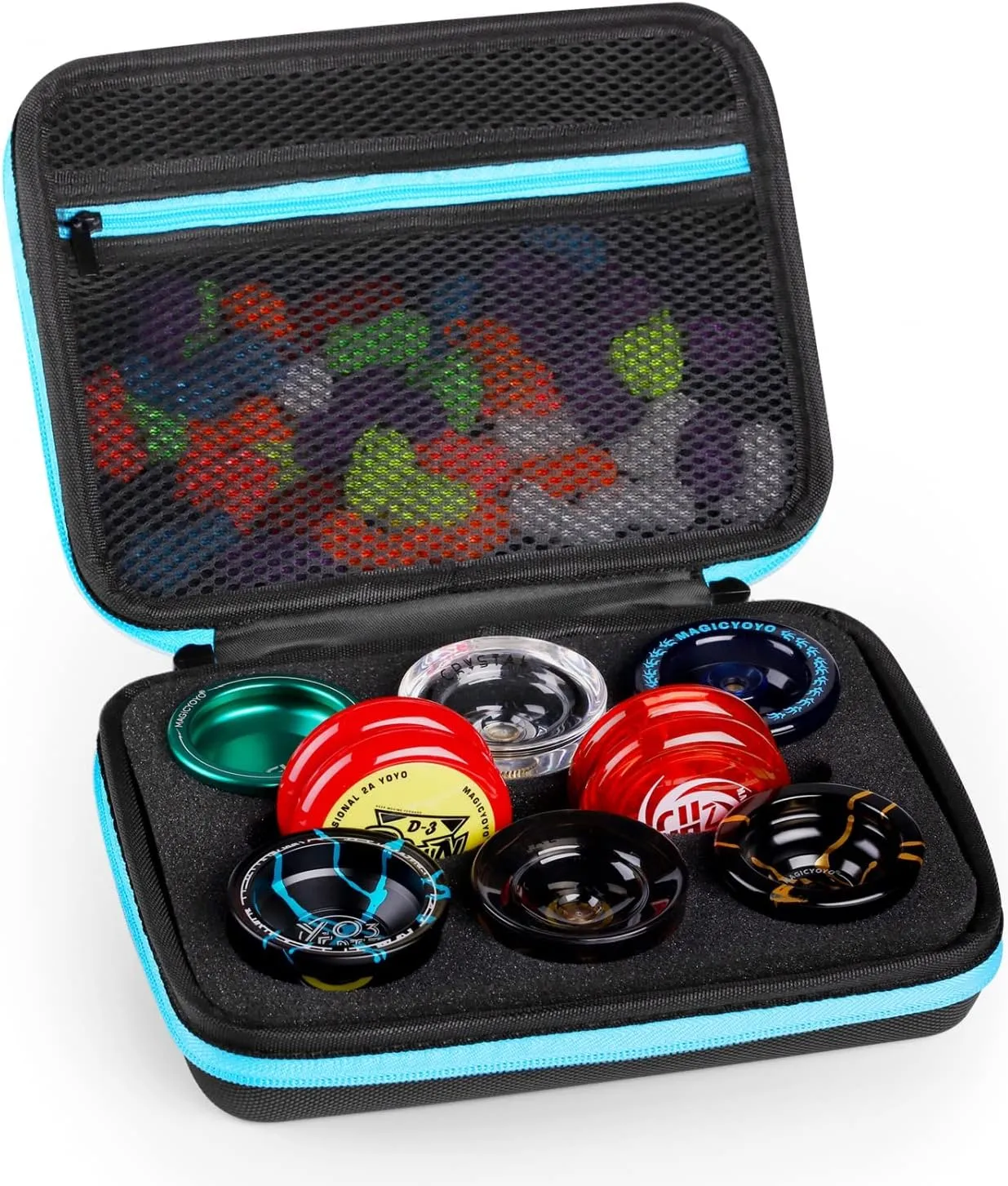 MAGICYOYO Yoyo Ball Storage Bag - Professional Case with Dual Zipper, 8 Yoyo Storage Holes and Interior Zip Mesh Bag - Black Blue