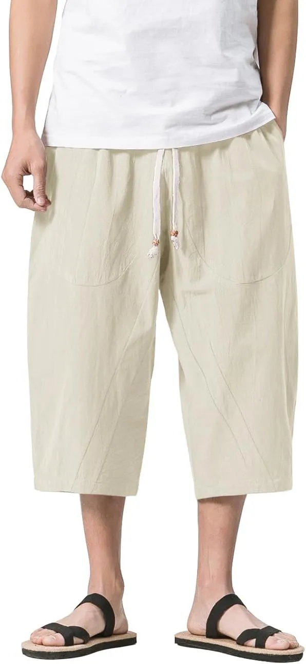 MAGNIVIT Men's Linen Cotton Capri Pants Loose Fit Elastic Waist Wide Leg Baggy Harem Pants