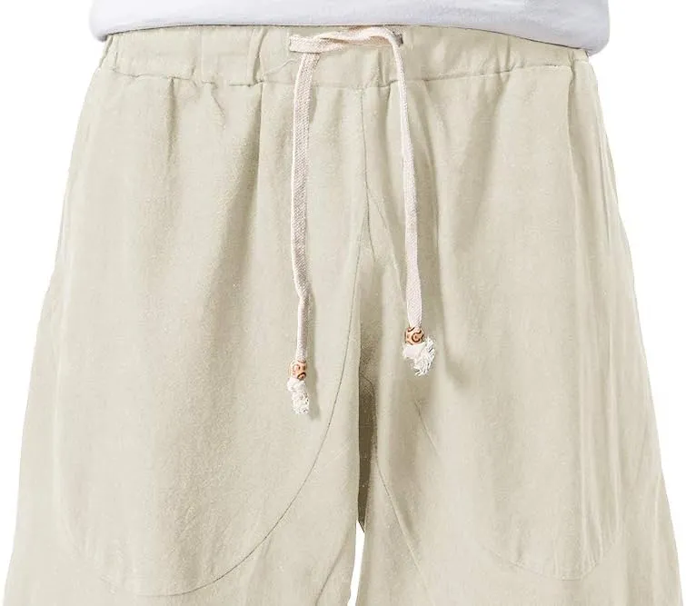 MAGNIVIT Men's Linen Cotton Capri Pants Loose Fit Elastic Waist Wide Leg Baggy Harem Pants