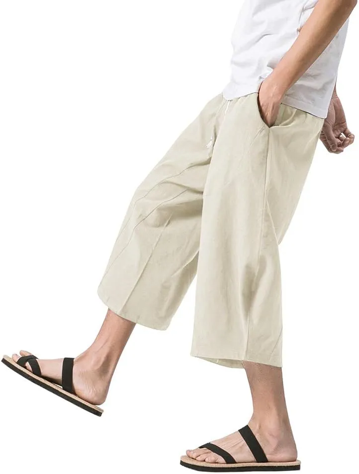 MAGNIVIT Men's Linen Cotton Capri Pants Loose Fit Elastic Waist Wide Leg Baggy Harem Pants