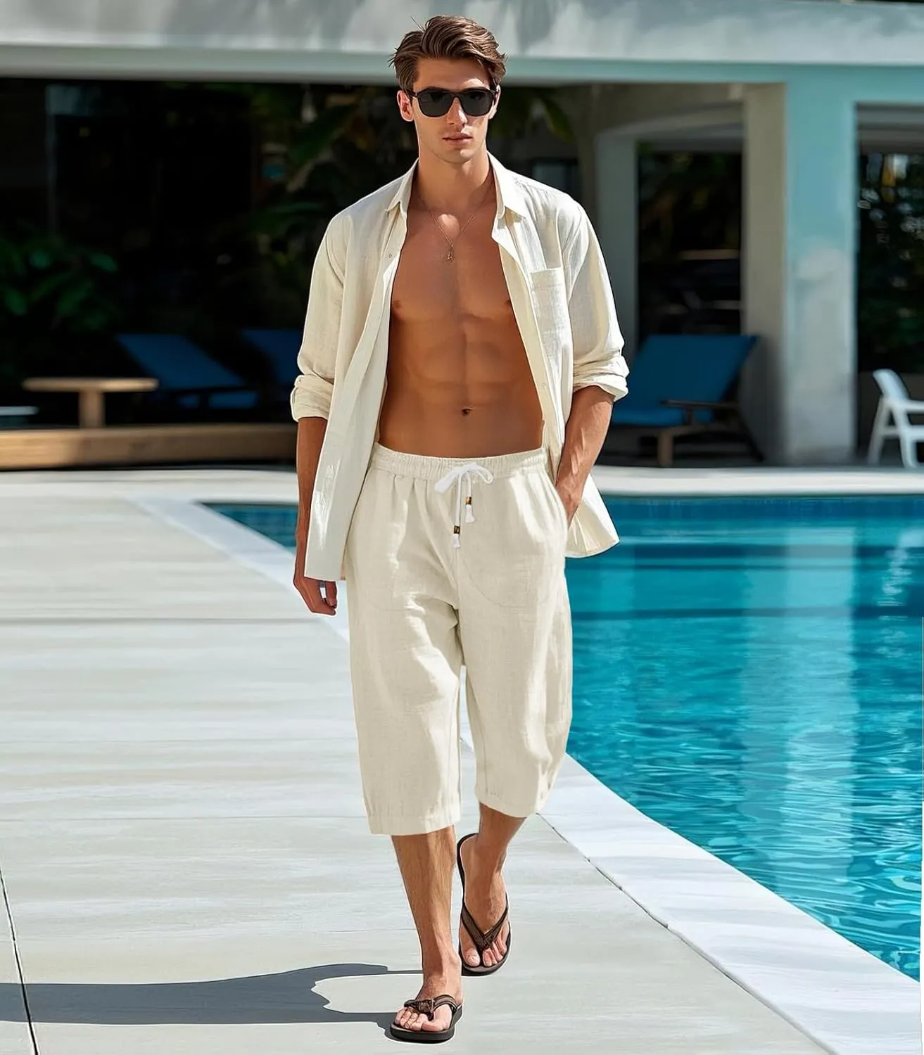 MAGNIVIT Men's Linen Cotton Capri Pants Loose Fit Elastic Waist Wide Leg Baggy Harem Pants