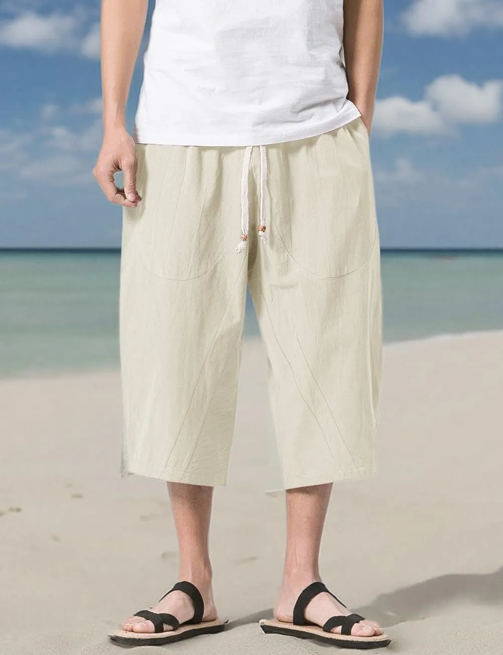 MAGNIVIT Men's Linen Cotton Capri Pants Loose Fit Elastic Waist Wide Leg Baggy Harem Pants