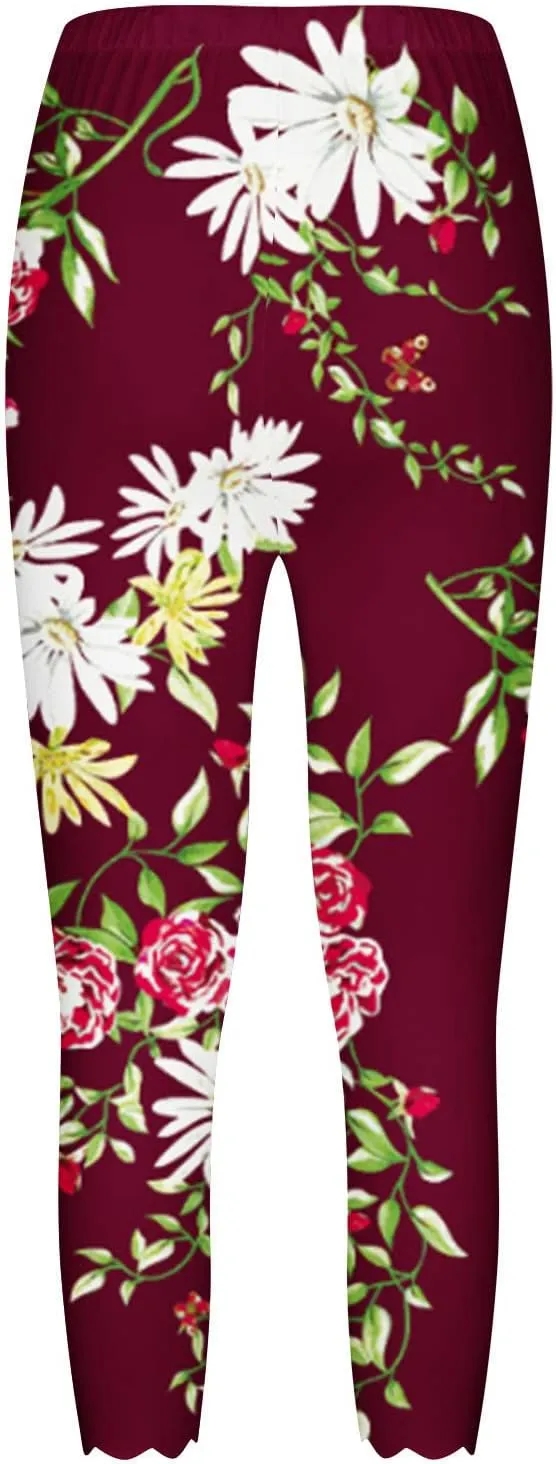 maisdgop Capri Pants for Women Pretty Flower Print Beach Pant Fashion Loose Elastic Sweatpant Casual Slim Fitting Capris