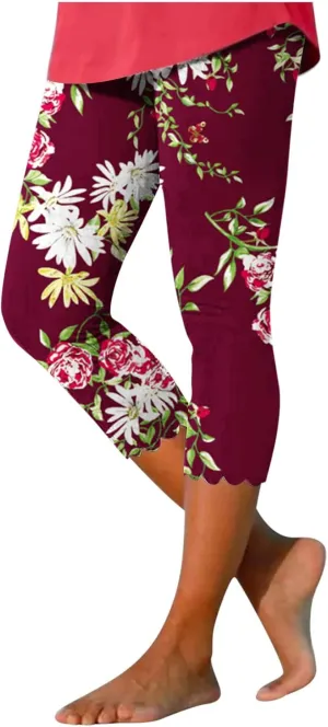 maisdgop Capri Pants for Women Pretty Flower Print Beach Pant Fashion Loose Elastic Sweatpant Casual Slim Fitting Capris