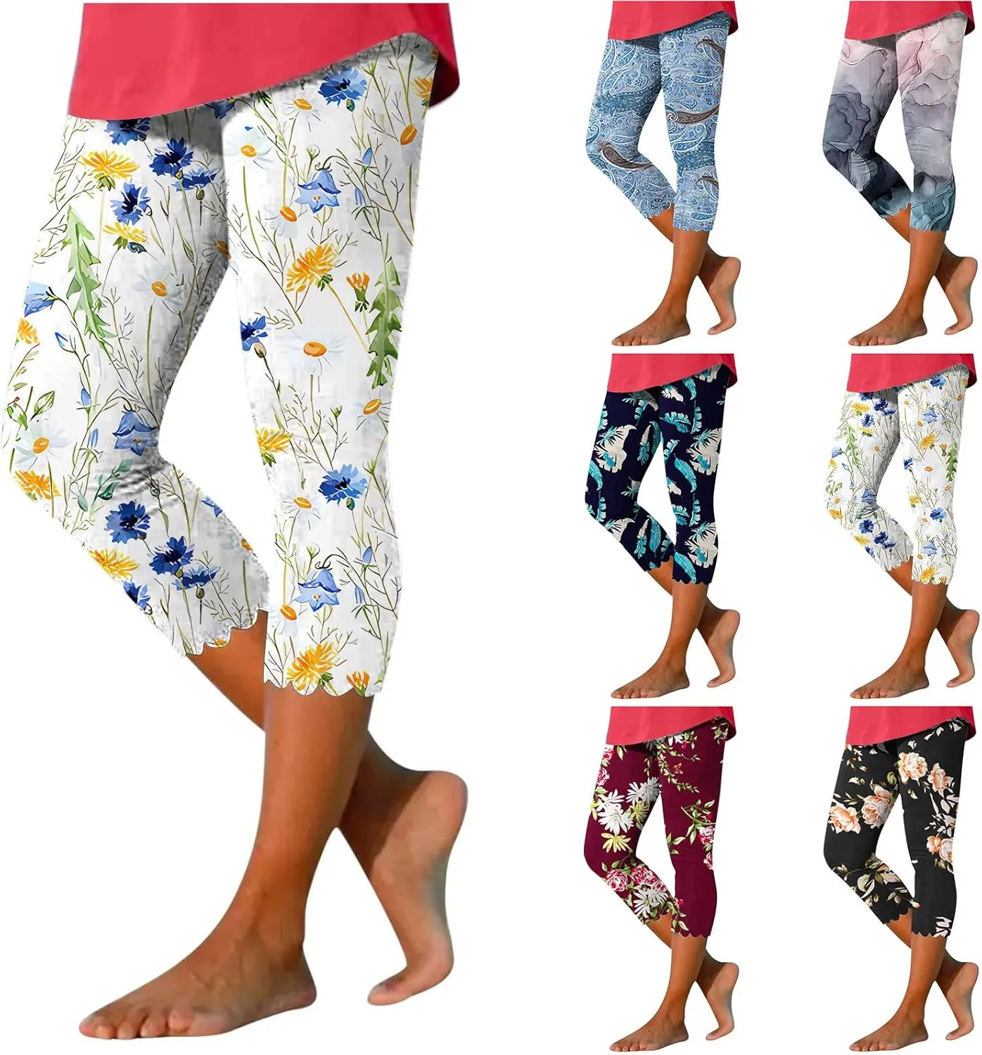 maisdgop Capri Pants for Women Pretty Flower Print Beach Pant Fashion Loose Elastic Sweatpant Casual Slim Fitting Capris