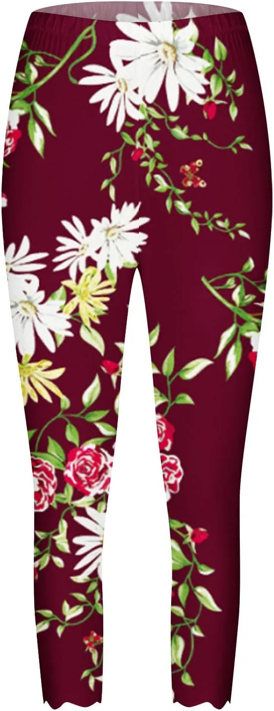 maisdgop Capri Pants for Women Pretty Flower Print Beach Pant Fashion Loose Elastic Sweatpant Casual Slim Fitting Capris