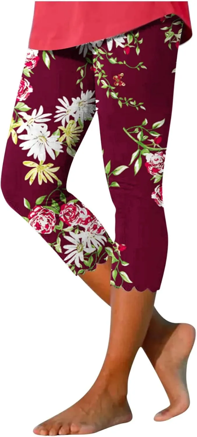 maisdgop Capri Pants for Women Pretty Flower Print Beach Pant Fashion Loose Elastic Sweatpant Casual Slim Fitting Capris