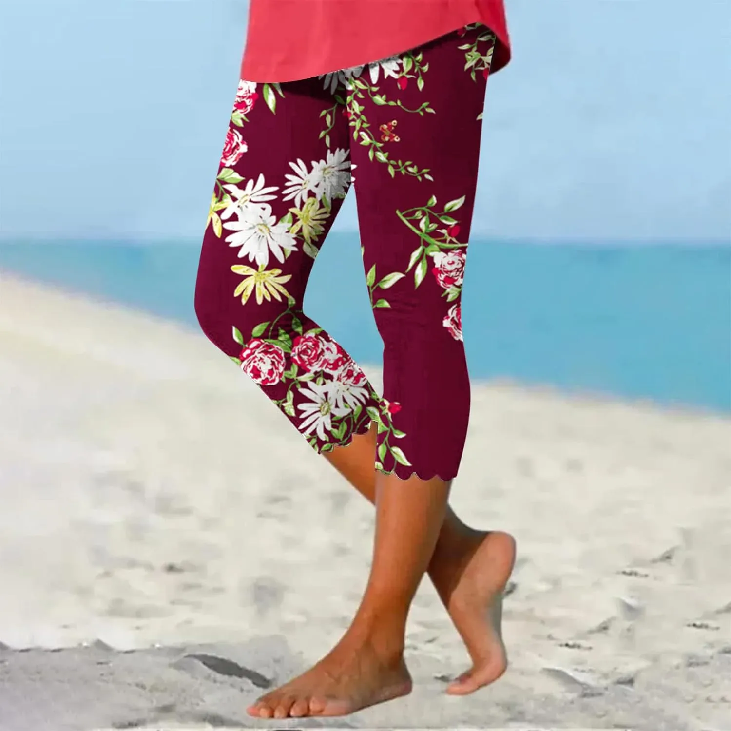 maisdgop Capri Pants for Women Pretty Flower Print Beach Pant Fashion Loose Elastic Sweatpant Casual Slim Fitting Capris