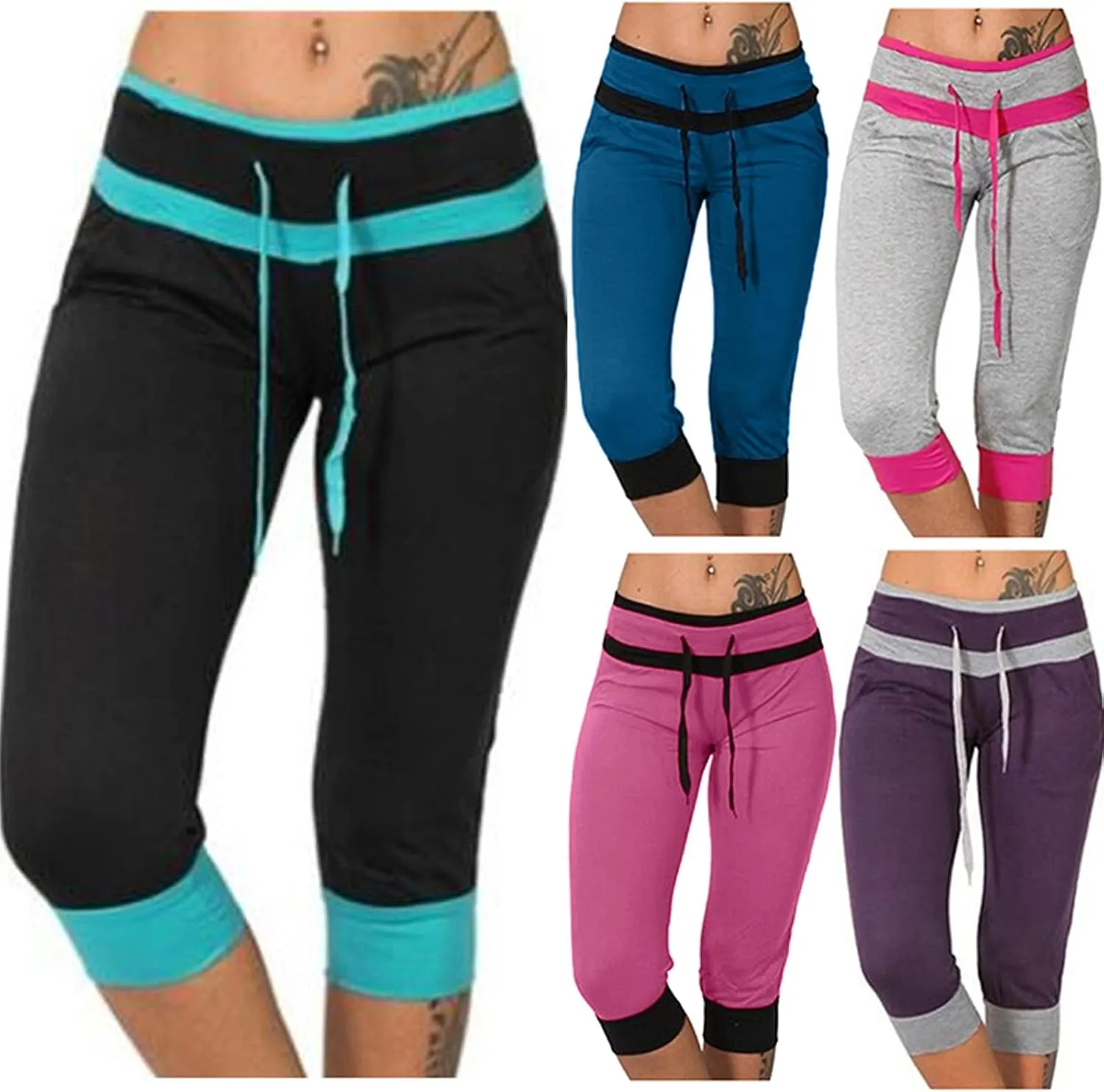 maisdgop Women's Capri Pants Fashion Summer Color Block Capris Casual Drawstring High Waist Sweatpant Slim Fitting Yoga Pant