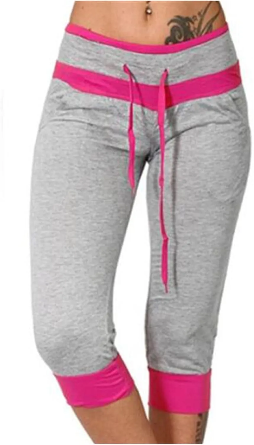 maisdgop Women's Capri Pants Fashion Summer Color Block Capris Casual Drawstring High Waist Sweatpant Slim Fitting Yoga Pant