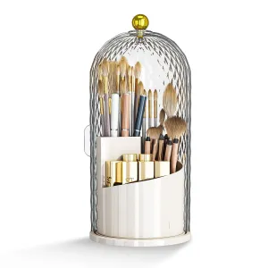 Makeup Brush Holder Organizer with Lid, 360 Rotating Make up Brush Holder with Cover, Dustproof Makup Brush Storage for Vanity Bathroom Countertop, Covered Toothbrush Holder, Clear