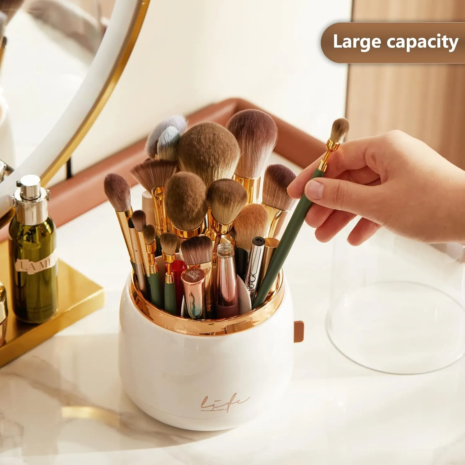 Makeup Brush Holder Organizer with Lid, Rotating Dustproof Make Up Brushes Organizer with Clear Acrylic Cover for Vanity Desktop Bathroom Countertop (Black)