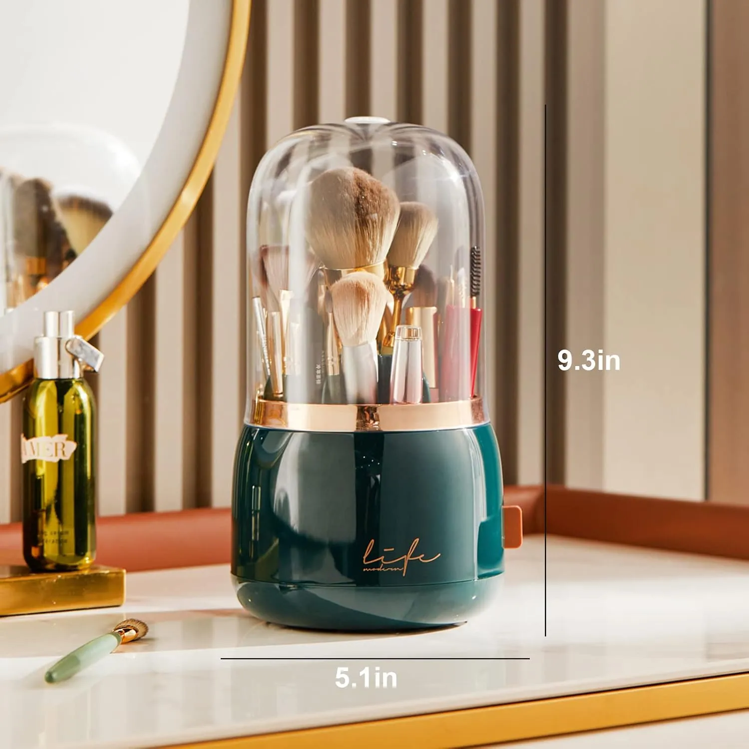 Makeup Brush Holder Organizer with Lid, Rotating Dustproof Make Up Brushes Organizer with Clear Acrylic Cover for Vanity Desktop Bathroom Countertop (Black)