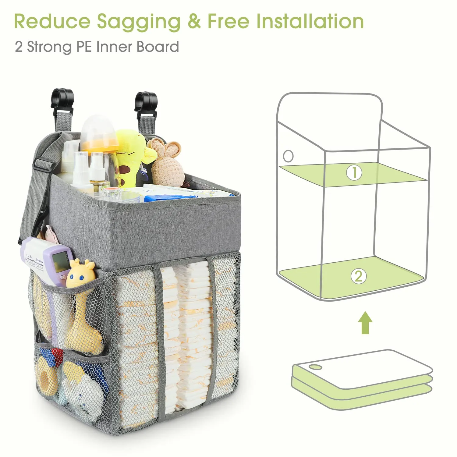 Maliton Changing Table Diaper Organizer - Baby Hanging Diaper Stacker Nursery Caddy Organizer for Cribs Playard Baby Essentials Storage - Hold 52  Diapers - 18.5" x 10.5" x 8" (Gray)