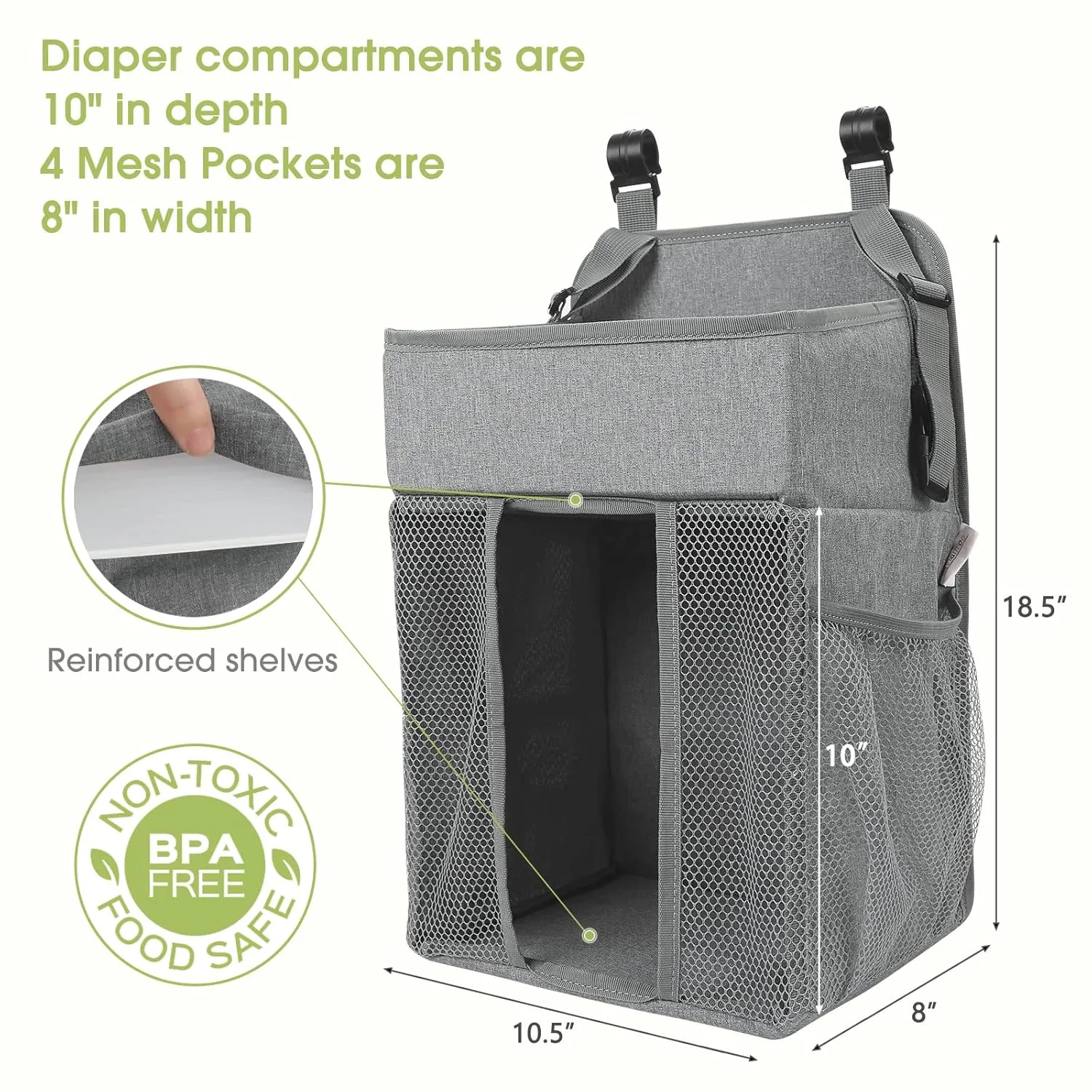 Maliton Changing Table Diaper Organizer - Baby Hanging Diaper Stacker Nursery Caddy Organizer for Cribs Playard Baby Essentials Storage - Hold 52  Diapers - 18.5" x 10.5" x 8" (Gray)