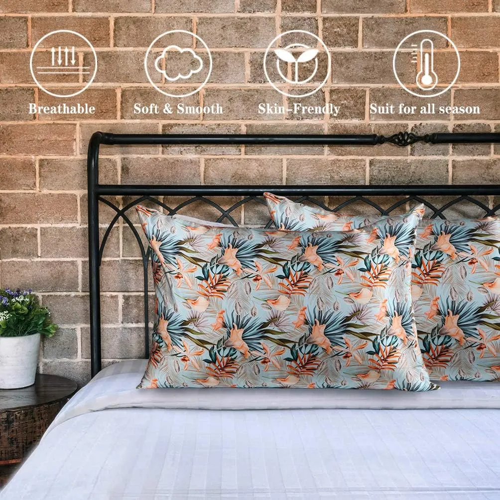 MANSPHIL Tropical Floral 100% Silk Pillowcase Standard Size, Pattern Printed, 22 Momme Mulberry Silk Pillow Cases Cover for Hair and Skin Beauty, Hidden Zipper, Green Leaves Orange Flower, 20"x26"