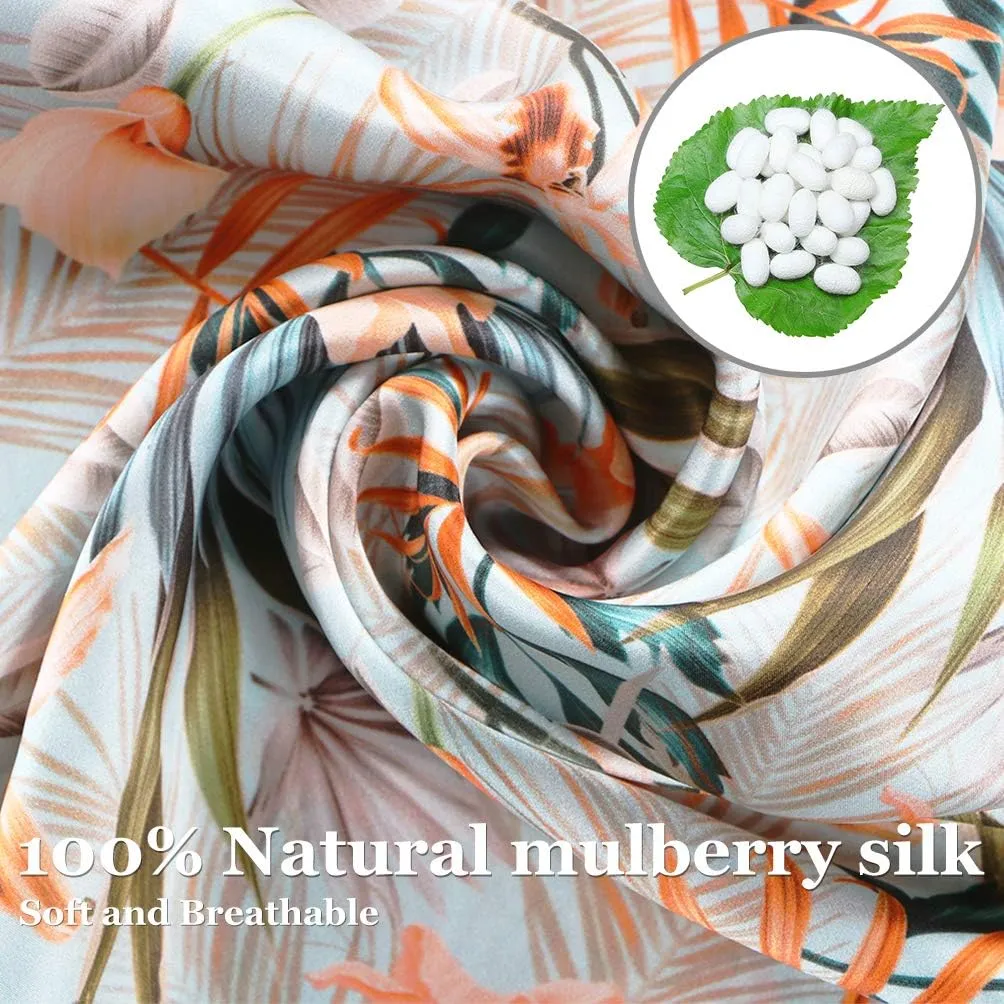 MANSPHIL Tropical Floral 100% Silk Pillowcase Standard Size, Pattern Printed, 22 Momme Mulberry Silk Pillow Cases Cover for Hair and Skin Beauty, Hidden Zipper, Green Leaves Orange Flower, 20"x26"