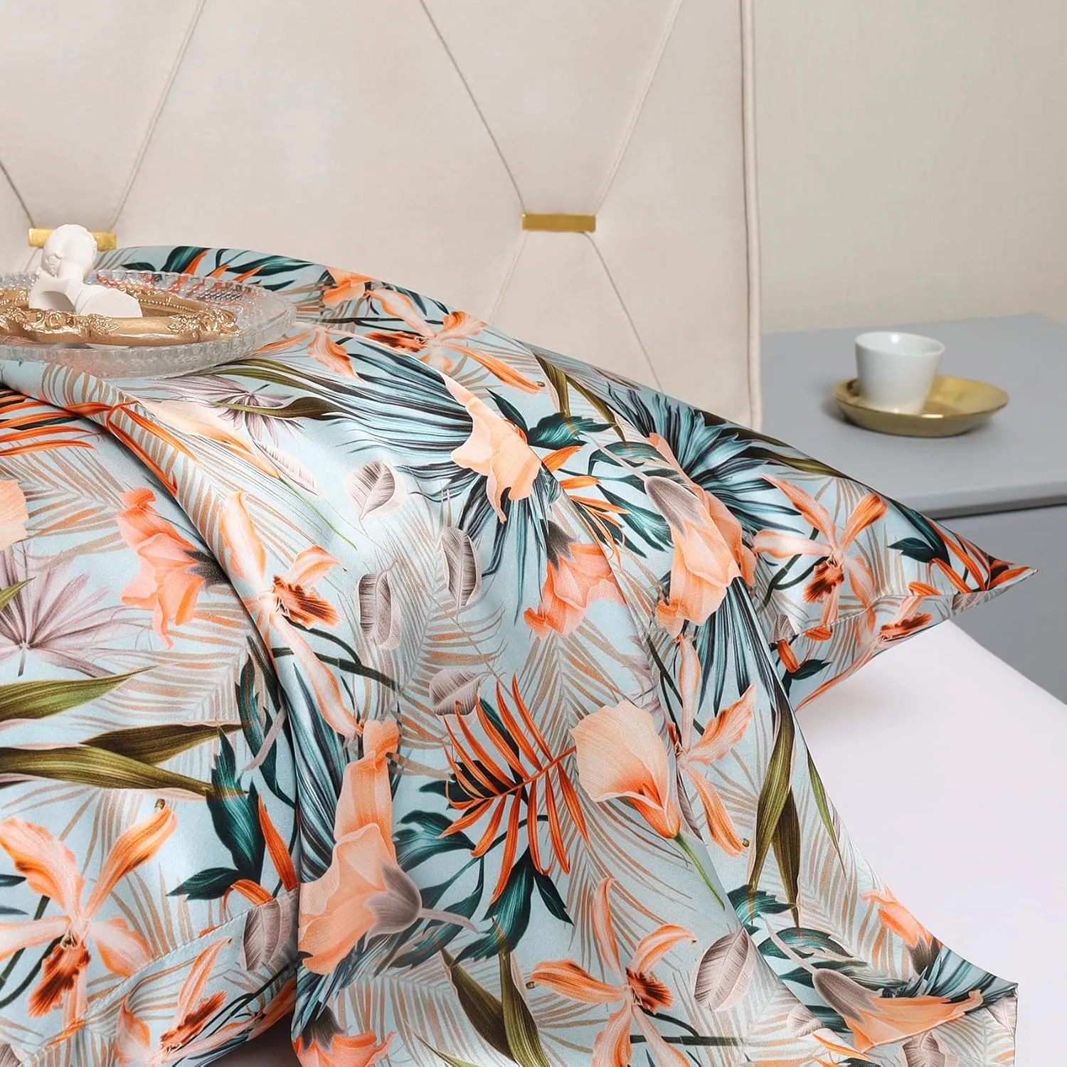 MANSPHIL Tropical Floral 100% Silk Pillowcase Standard Size, Pattern Printed, 22 Momme Mulberry Silk Pillow Cases Cover for Hair and Skin Beauty, Hidden Zipper, Green Leaves Orange Flower, 20"x26"