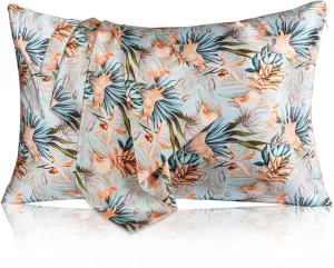 MANSPHIL Tropical Floral 100% Silk Pillowcase Standard Size, Pattern Printed, 22 Momme Mulberry Silk Pillow Cases Cover for Hair and Skin Beauty, Hidden Zipper, Green Leaves Orange Flower, 20"x26"