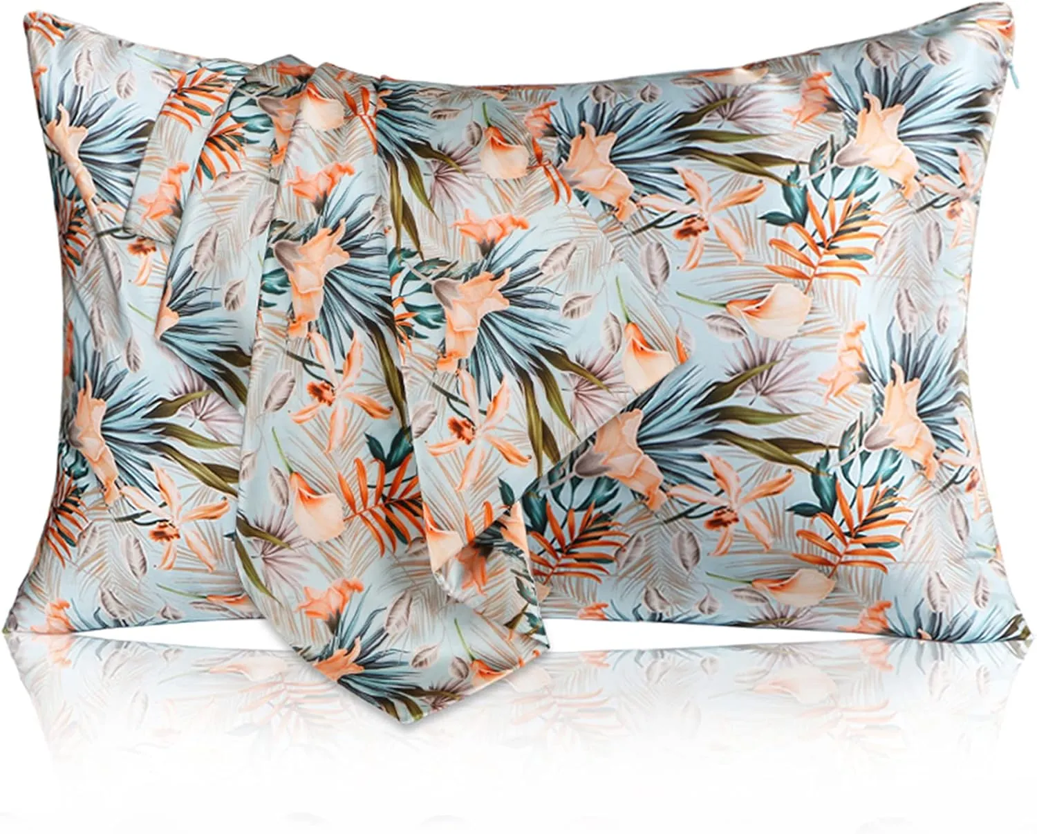 MANSPHIL Tropical Floral 100% Silk Pillowcase Standard Size, Pattern Printed, 22 Momme Mulberry Silk Pillow Cases Cover for Hair and Skin Beauty, Hidden Zipper, Green Leaves Orange Flower, 20"x26"