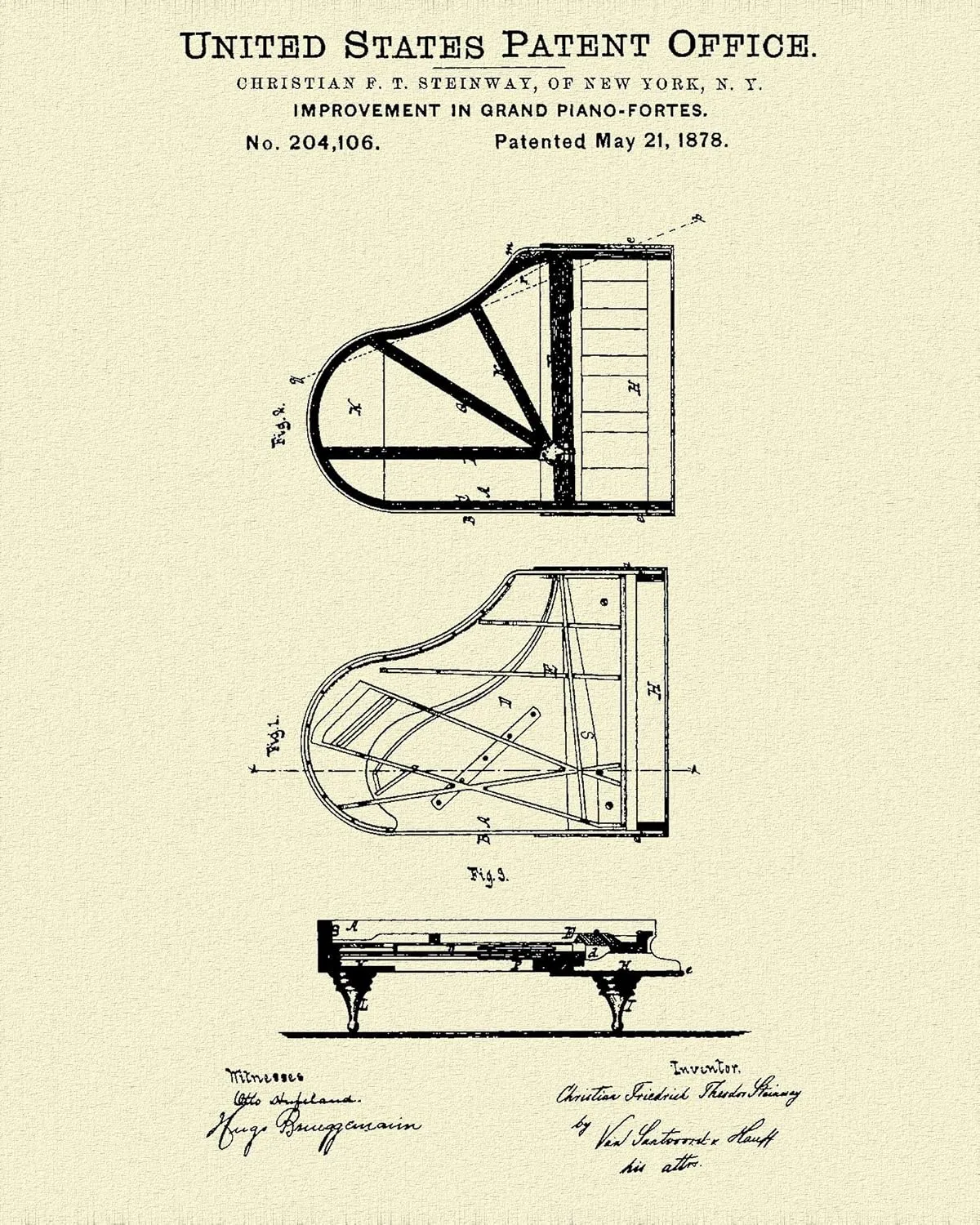Mari Kyrios Steinway Piano Patent Print Dye Sublimation & Heat Infused Pressed Wall Art 8.5 Inches by 11 Inches