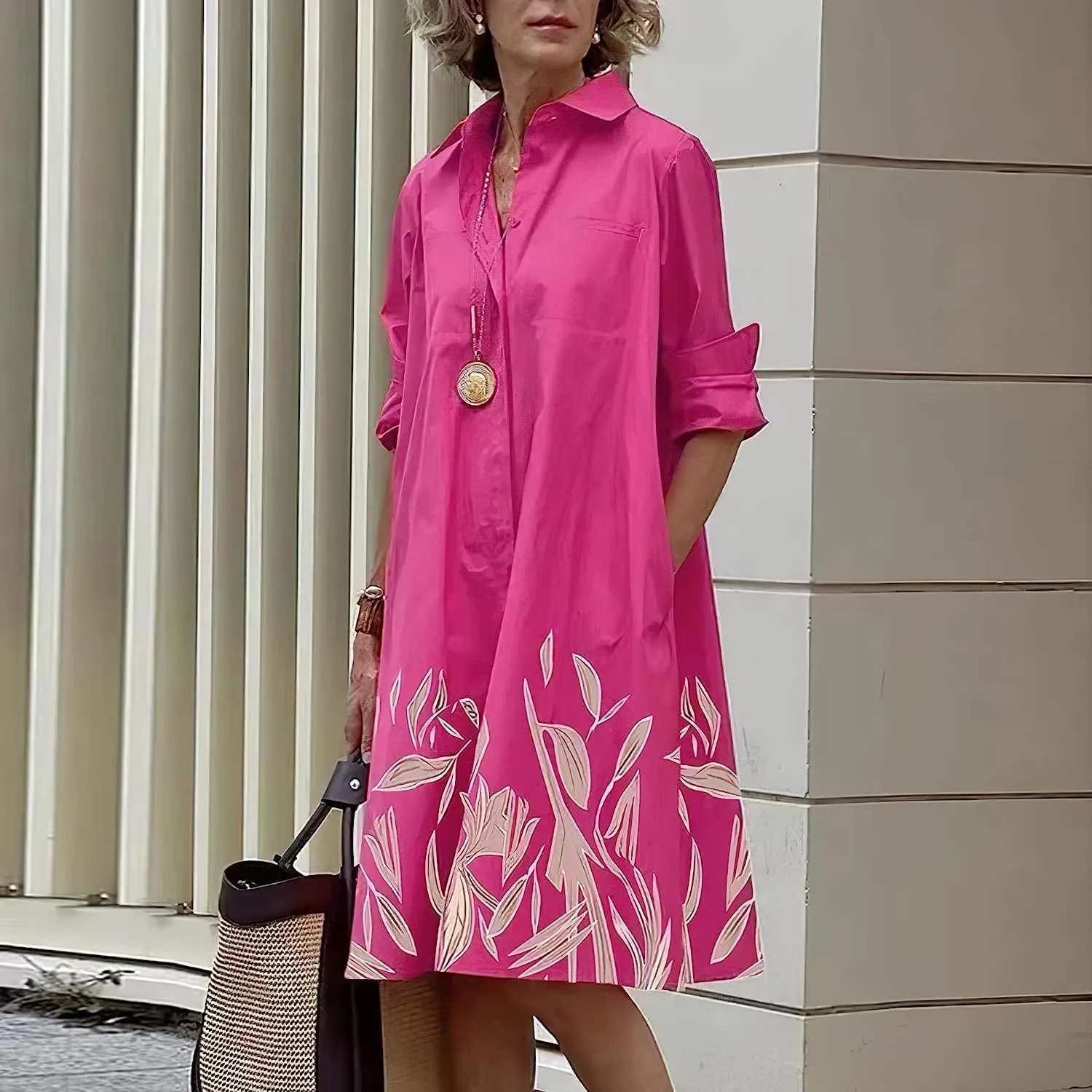 MARSVOVO Womens Linen Long Sleeve Midi Printed Button Down Shirt Dress Plus Size Loose Shirt Dresses for Women with 2 Pockets