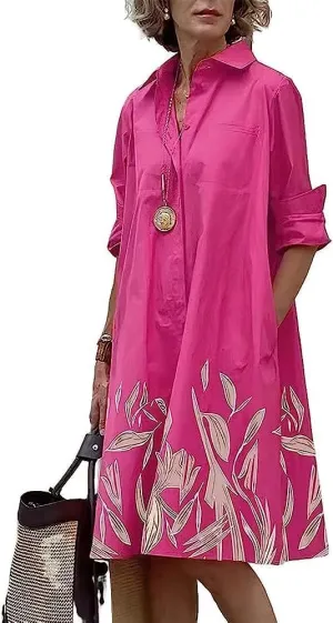 MARSVOVO Womens Linen Long Sleeve Midi Printed Button Down Shirt Dress Plus Size Loose Shirt Dresses for Women with 2 Pockets