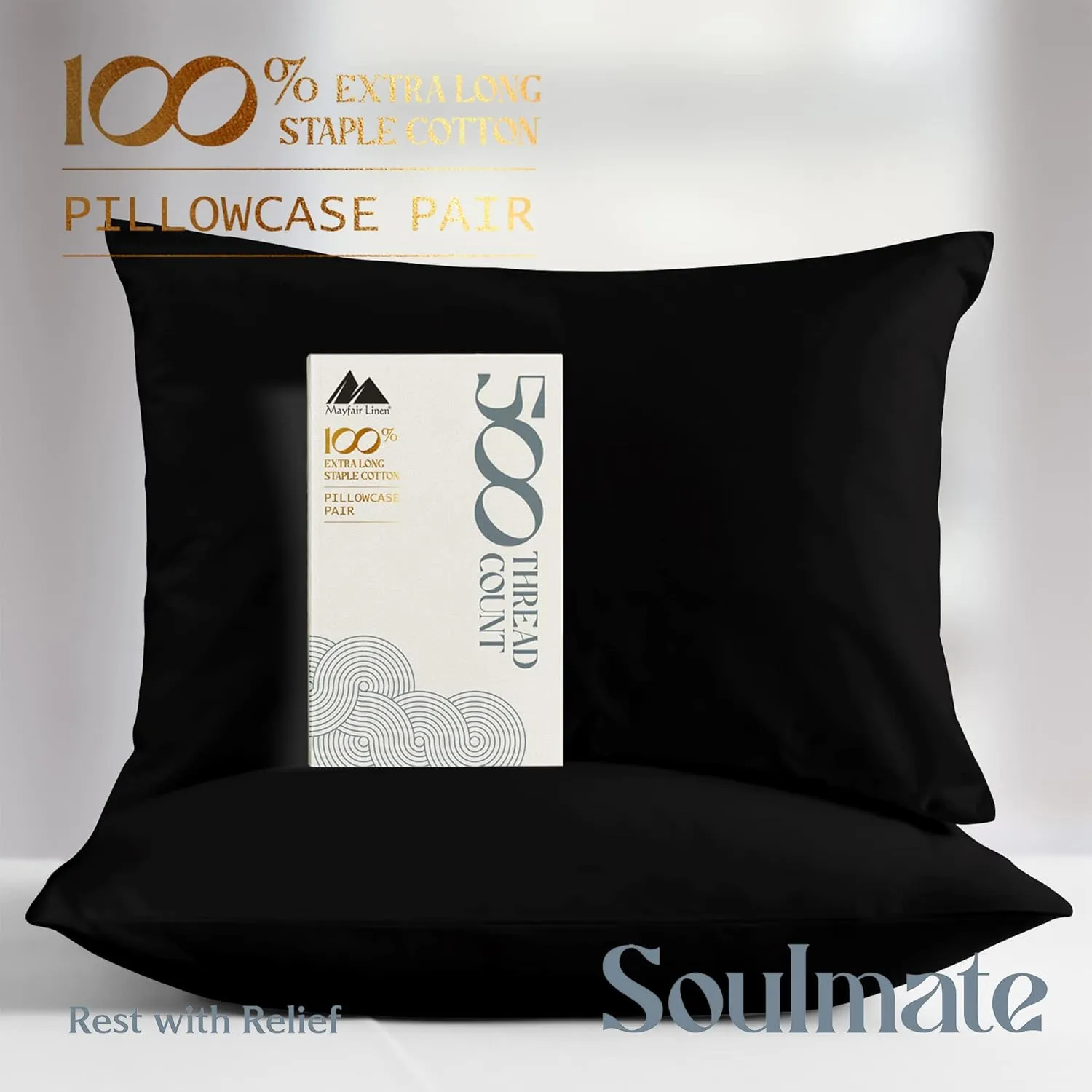 Mayfair Linen 100% Cotton Pillowcases Standard/Queen Size Set of 2-500 Thread Count Cotton Pillowcases, Ultra Soft Cool Sateen Weave Pillow Cases for Sleeping, Set of 2 Pillow Covers (Black)