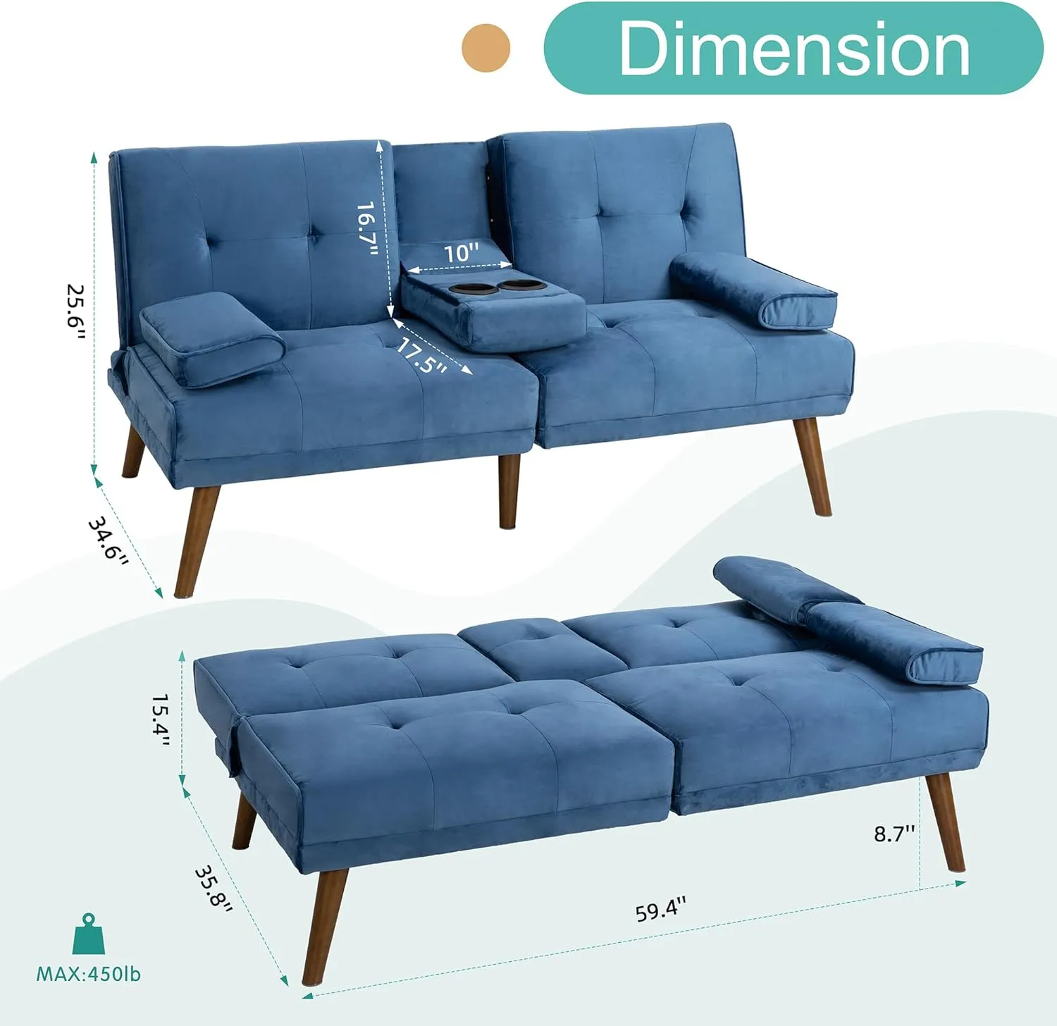 Meilocar Futon Sofa Bed, Convertible Sofa Bed with Removable Armrests, Adjustable Recliner for Small Space, 2 Cup Holders, 3 Angles, Blue