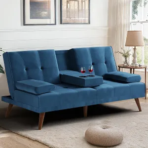 Meilocar Futon Sofa Bed, Convertible Sofa Bed with Removable Armrests, Adjustable Recliner for Small Space, 2 Cup Holders, 3 Angles, Blue