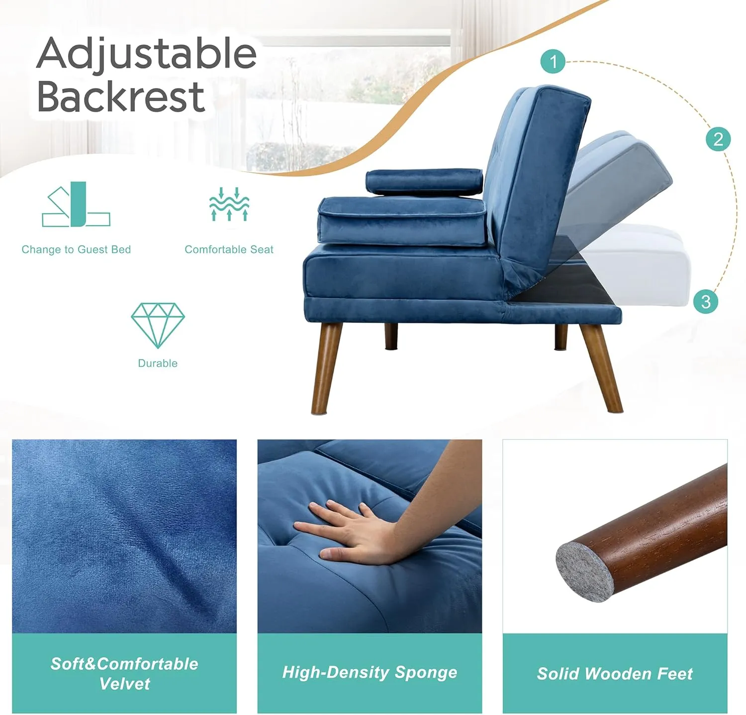 Meilocar Futon Sofa Bed, Convertible Sofa Bed with Removable Armrests, Adjustable Recliner for Small Space, 2 Cup Holders, 3 Angles, Blue