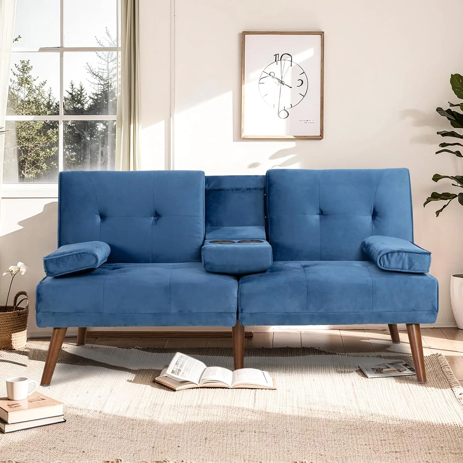 Meilocar Futon Sofa Bed, Convertible Sofa Bed with Removable Armrests, Adjustable Recliner for Small Space, 2 Cup Holders, 3 Angles, Blue