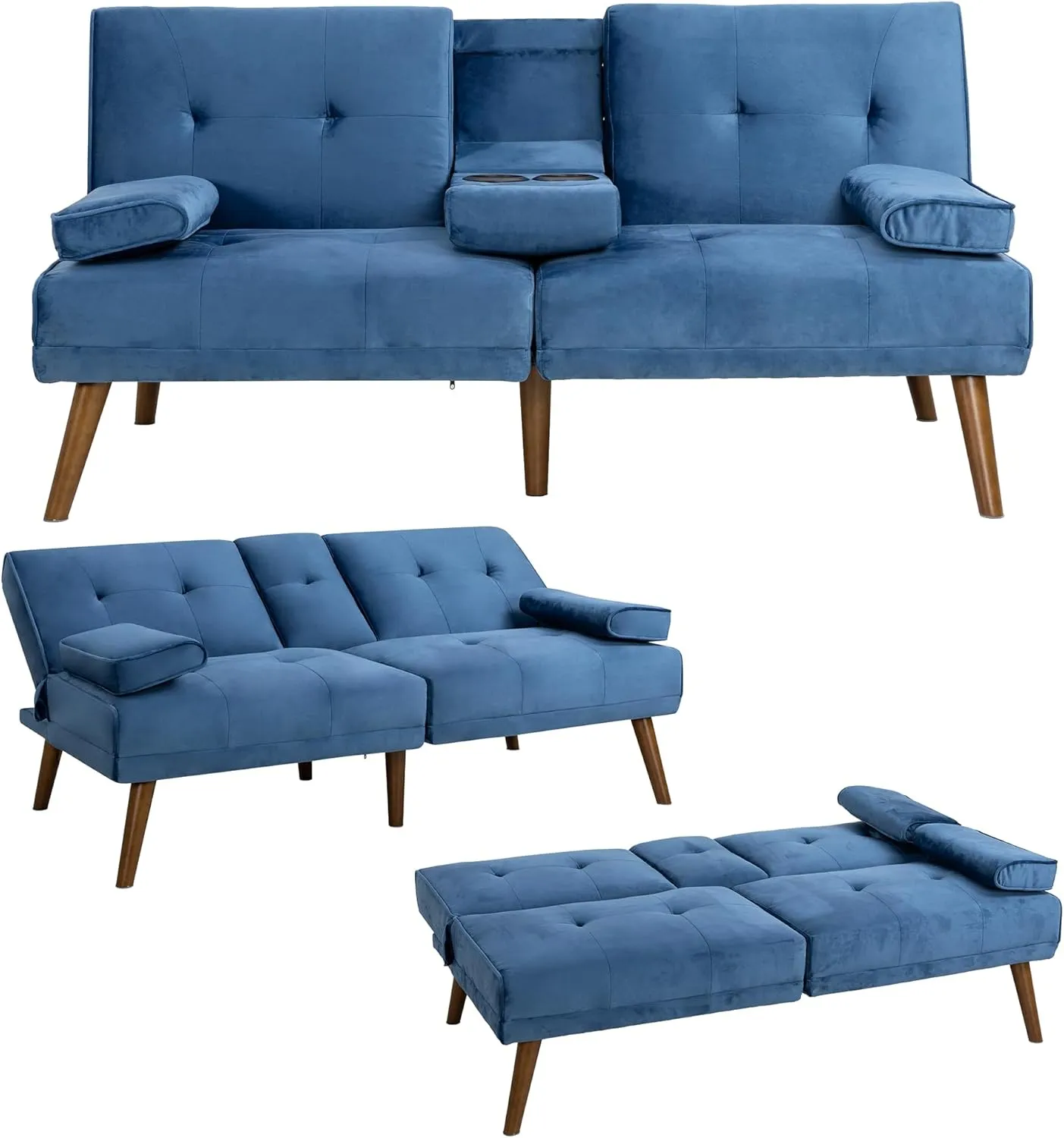 Meilocar Futon Sofa Bed, Convertible Sofa Bed with Removable Armrests, Adjustable Recliner for Small Space, 2 Cup Holders, 3 Angles, Blue