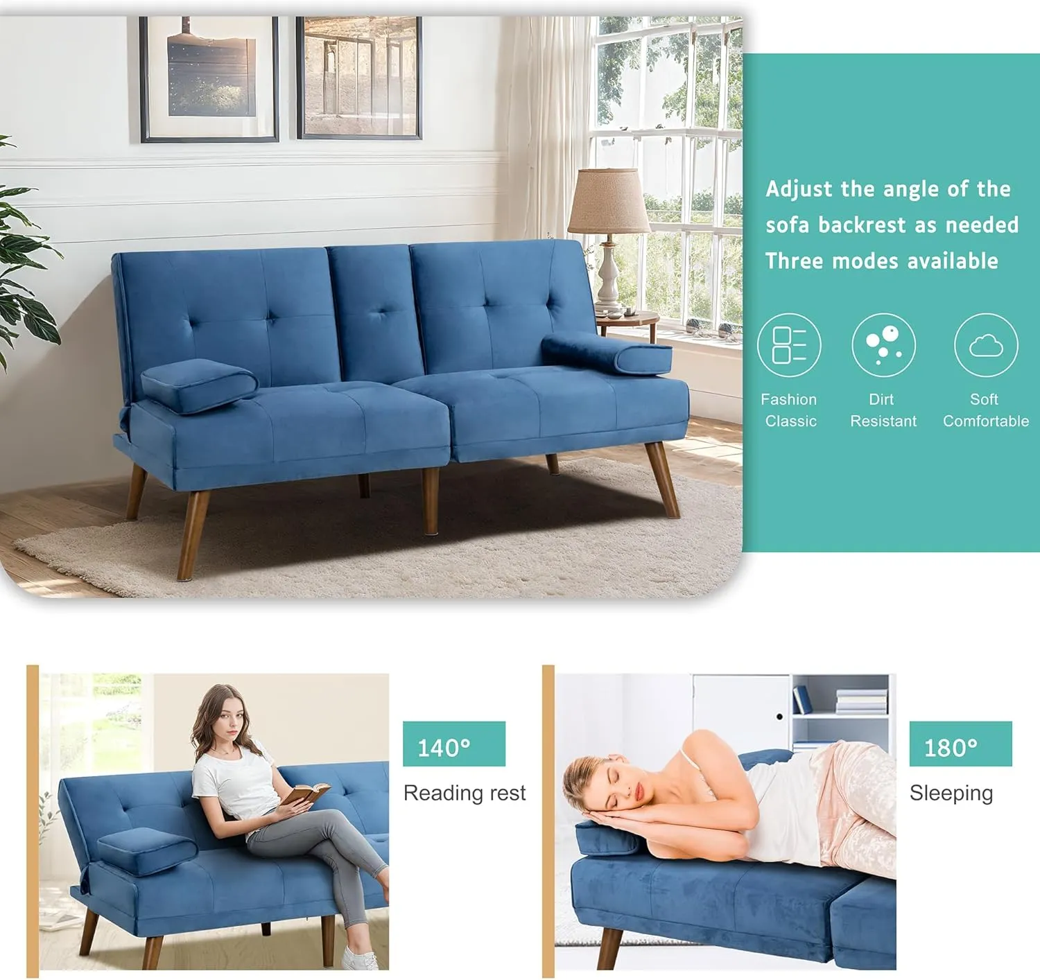 Meilocar Futon Sofa Bed, Convertible Sofa Bed with Removable Armrests, Adjustable Recliner for Small Space, 2 Cup Holders, 3 Angles, Blue