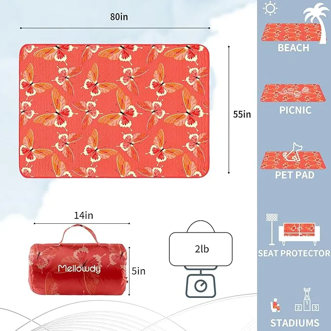 Mellowdy Companion Outdoor Printing Blanket - Waterproof, Wind-Resistant, Warm, Utility Blanket for Camping, Picnic, Stadium, Beach, Gameday, Travel, Foldable with Carrying Bag（Red Butterfly,55x80）