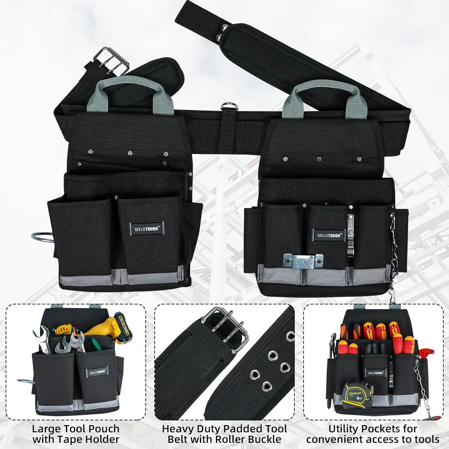 MELOTOUGH Electrician Padded Construction Rig Tool Belt Work Apron Tool Pouch Bag Combo Tool Rig with Carry Handles for Carpenter,Construction,Utility Belt