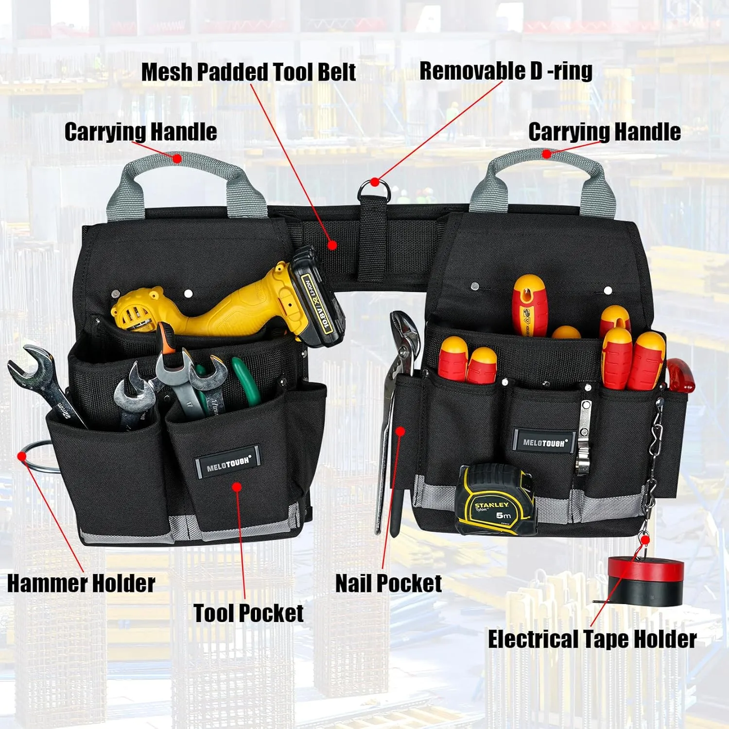 MELOTOUGH Electrician Padded Construction Rig Tool Belt Work Apron Tool Pouch Bag Combo Tool Rig with Carry Handles for Carpenter,Construction,Utility Belt