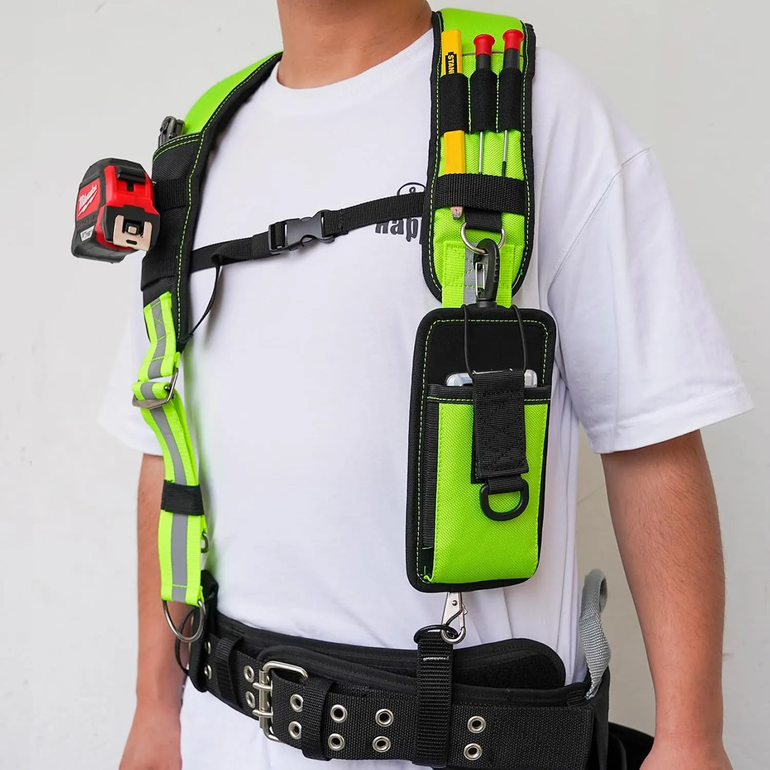 MELOTOUGH Reflective Safety Tool Belt Suspenders Construction Bag Suspenders Padded Work belt Suspenders for Carpenter/Electrician/Roofing/Farmer work Suspension Rig(Reflective Green)