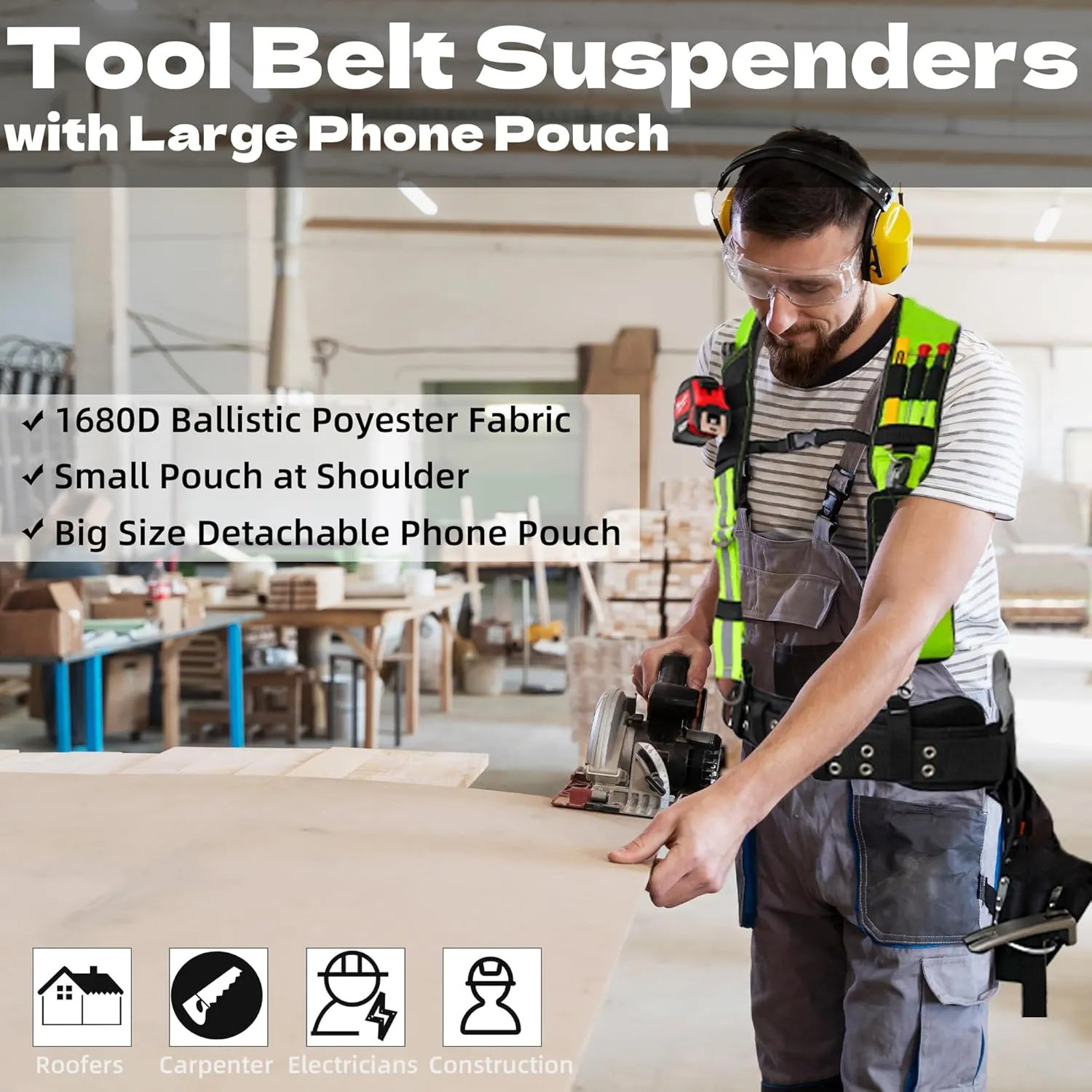 MELOTOUGH Reflective Safety Tool Belt Suspenders Construction Bag Suspenders Padded Work belt Suspenders for Carpenter/Electrician/Roofing/Farmer work Suspension Rig(Reflective Green)