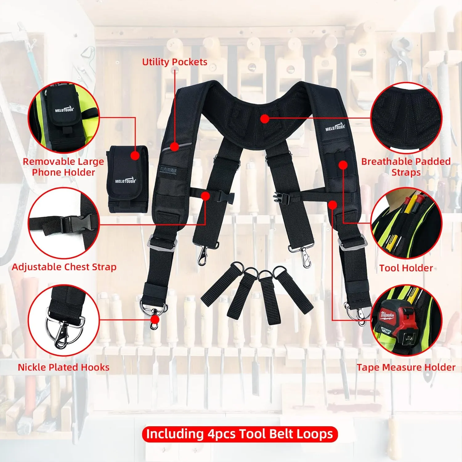 MELOTOUGH Tool Belt Suspenders Construction Bag Suspenders Heavy Duty Padded Work belt Suspenders for Carpenter/Electrician/Roofing/Farmer work Suspension Rig