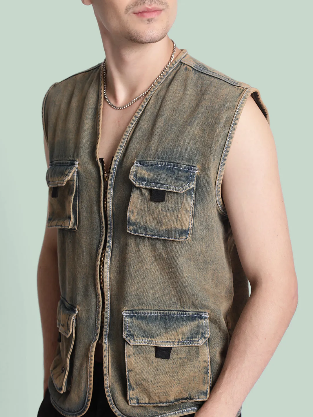Men Utility Pocket Olive-Tinted Sustainable Denim Jacket