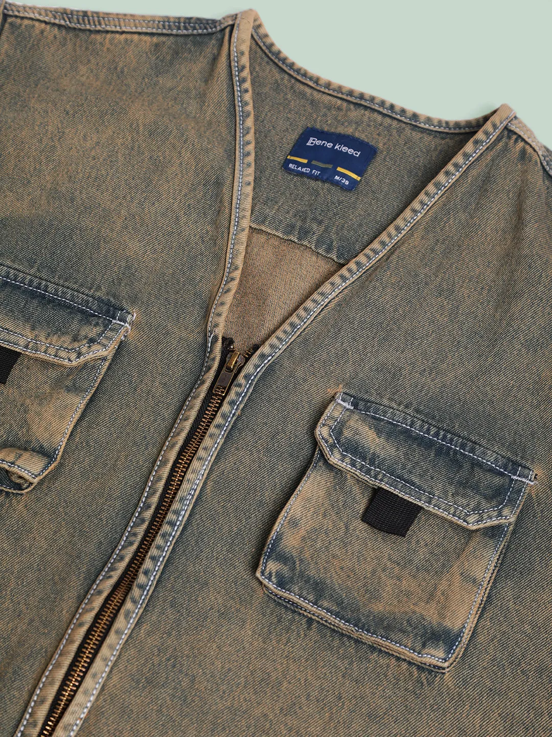 Men Utility Pocket Olive-Tinted Sustainable Denim Jacket