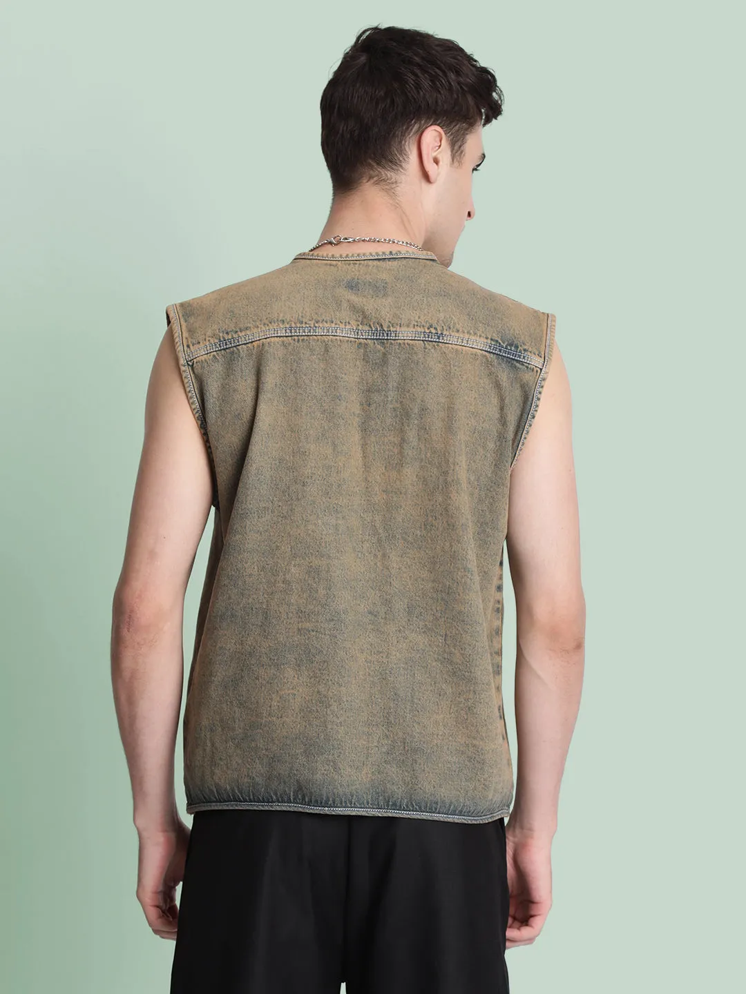 Men Utility Pocket Olive-Tinted Sustainable Denim Jacket