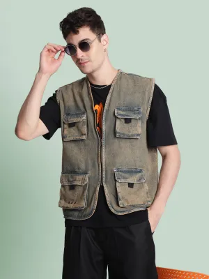 Men Utility Pocket Olive-Tinted Sustainable Denim Jacket