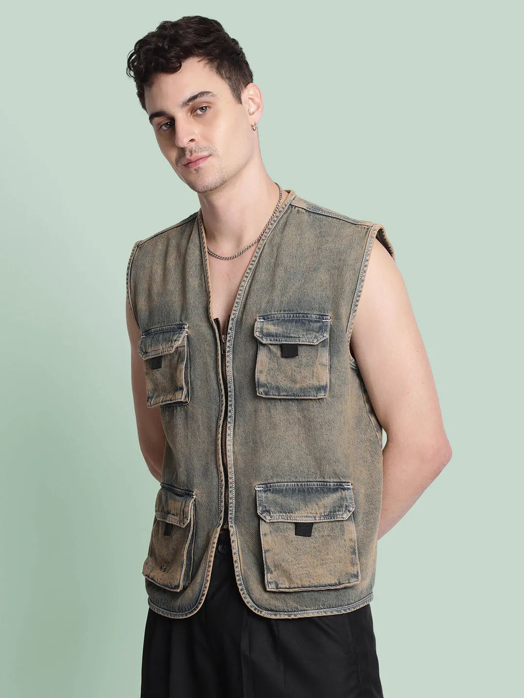 Men Utility Pocket Olive-Tinted Sustainable Denim Jacket